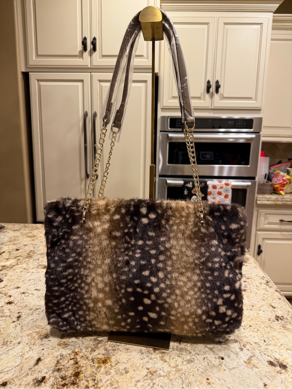 Expressions NYC Faux Fur Spotted Shoulder Bag - Brown